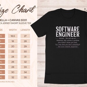 Black t-shirt with "Software Engineer" definition and Bella + Canvas 3001 size chart.