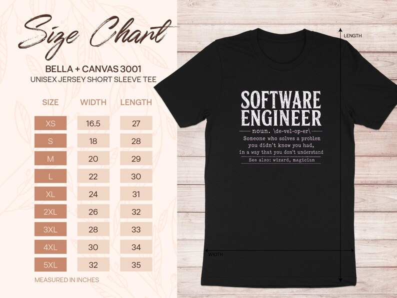 Black t-shirt with "Software Engineer" definition and Bella + Canvas 3001 size chart.