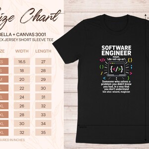 Black t-shirt with "Software Engineer" definition and size chart.