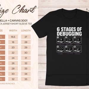Black t-shirt with "6 Stages of Debugging" graphic and size chart.