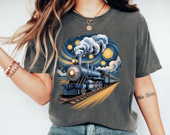 Vintage Train T-Shirt, Steam Engine Tee, Railway Art Shirt, Locomotive Gift, Train Lover Shirt, Railroad Enthusiast Gift, Starry Night Style