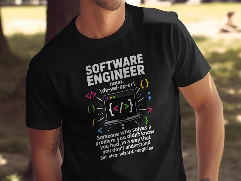 Black t-shirt with "Software Engineer" definition and coding graphics.