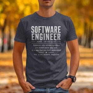 Dark grey t-shirt with "Software Engineer" definition printed on the front.