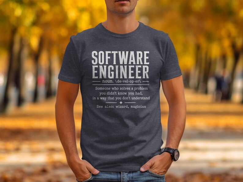 Dark grey t-shirt with "Software Engineer" definition printed on the front.