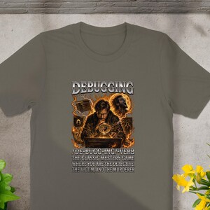 Debugging the classic mystery game t-shirt with detective and victim imagery.