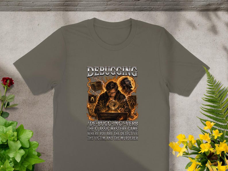 Debugging the classic mystery game t-shirt with detective and victim imagery.