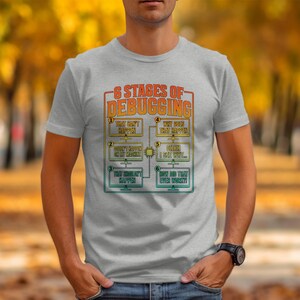T-shirt with "6 Stages of Debugging" graphic showing 6 humorous steps.