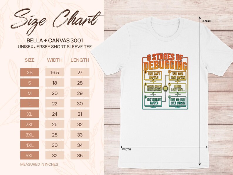 White t-shirt with "6 Stages of Debugging" graphic and a size chart.