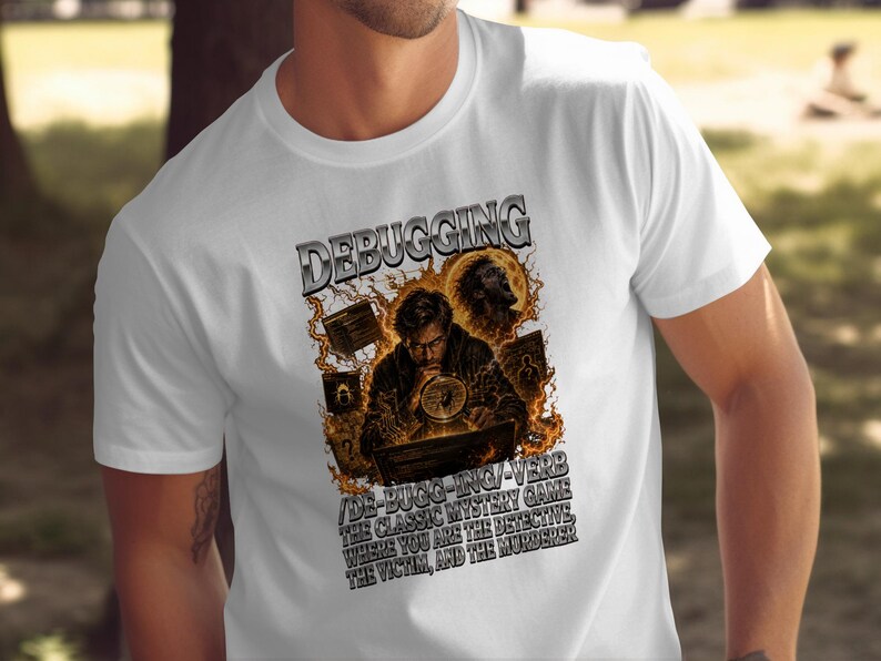 White t-shirt with "DEBUGGING" and a detective theme.