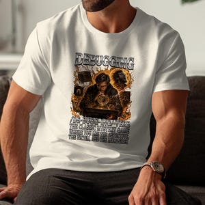 White t-shirt with "DEBUGGING" and text about a classic mystery game.