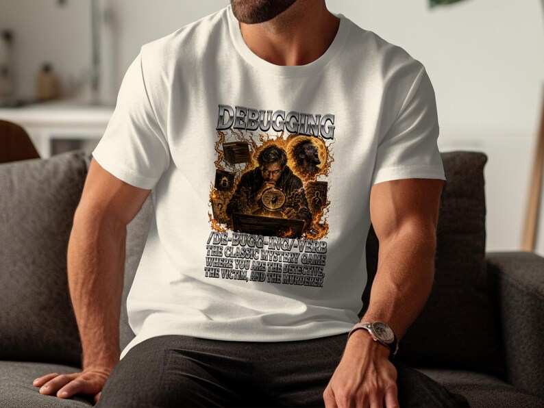 White t-shirt with "DEBUGGING" and text about a classic mystery game.
