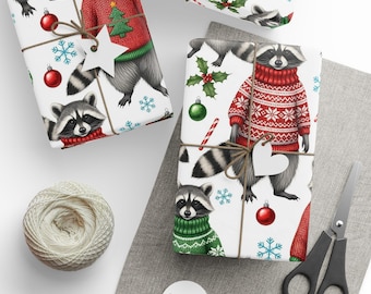 Waschbär Weihnachten Pullover Geschenkpapier, Urlaub Geschenkpapier, Geschenkpapier, Waschbär Design, Festliches Geschenkpapier, Saisonales Geschenkpapier