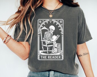 The Reader T-Shirt, Skeleton Reading, Gothic Book Lover, Halloween Tee, Unique Graphic Top