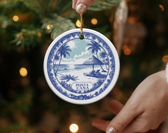 Spersonalizowana ozdoba Punta Cana, niebieska ozdoba Delft, ozdoba plażowa, spersonalizowana ozdoba, pamiątka z podróży, wakacje, wycieczka rodzinna