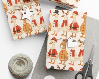 May include: Wrapped gifts with festive goose and gingerbread man patterns. The gifts are tied with twine and adorned with star and heart-shaped tags. A spool of twine and scissors are also present, suggesting a DIY theme.