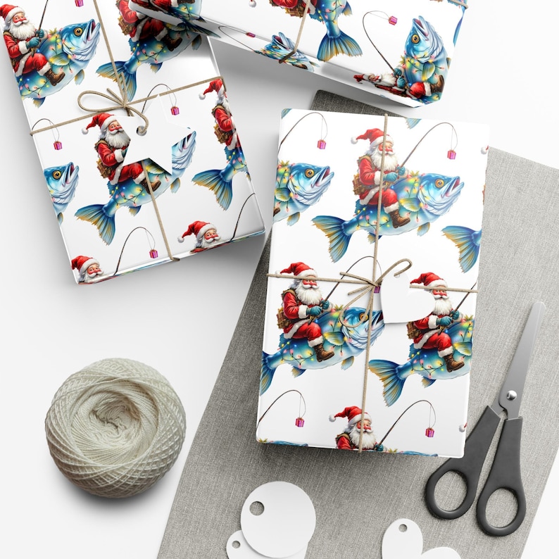 Fish Christmas Wrapping Paper Roll - Funny Fishing Animal Gift Wrap Roll for Holiday, Eco-Friendly Present Idea, Festive Glossy Design image 2