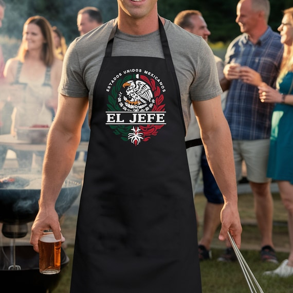 El Jefe Grilling Mexican Apron Fathers Day BBQ Gifts Cholo The Boss Gift for Dad Christmas Xmas Taco Grilling Spanish Mandil Mexicano Eagle