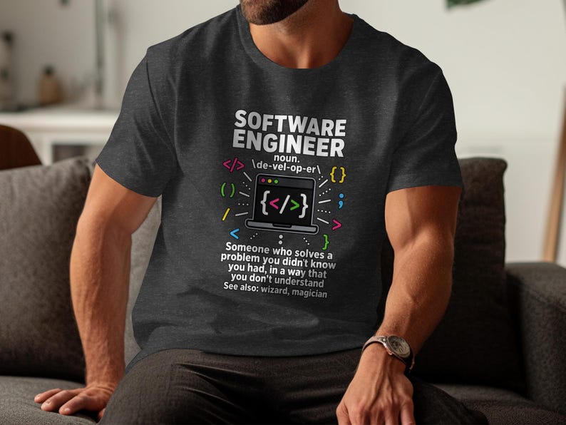 Dark t-shirt with "Software Engineer" text and coding graphics.