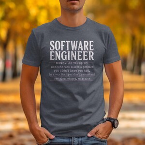 Dark grey t-shirt with "SOFTWARE ENGINEER" definition in white text.