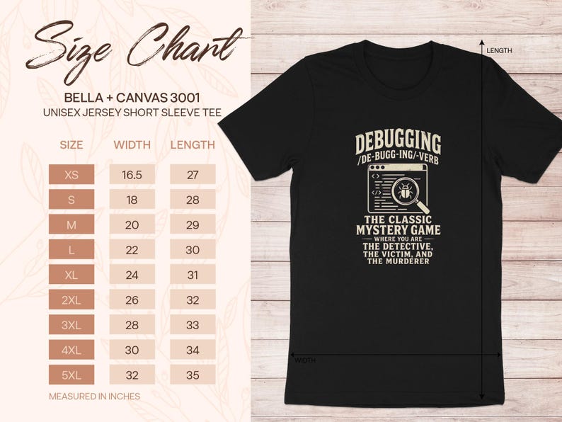 Black t-shirt with "Debugging The Classic Mystery Game" text and size chart.
