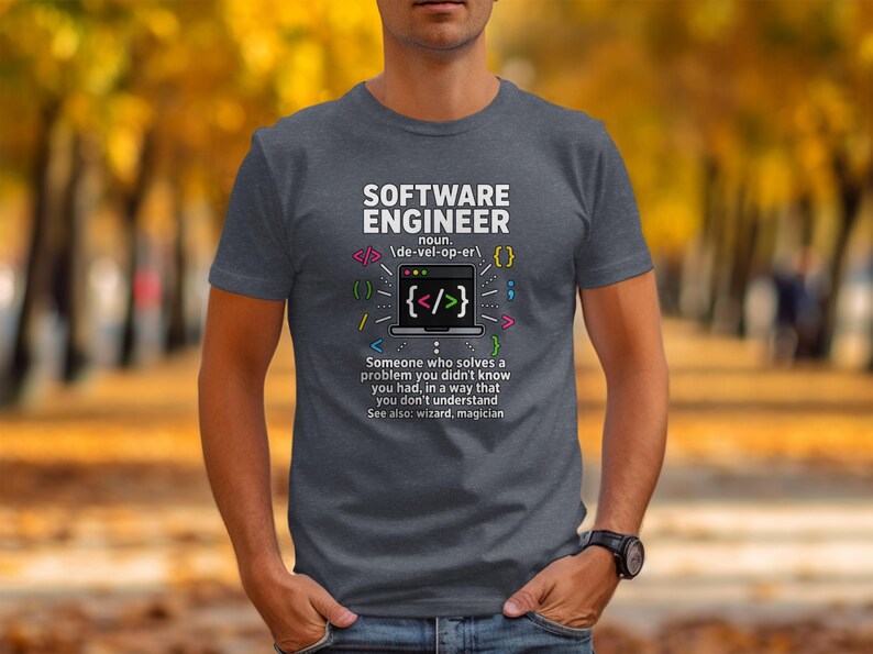 T-shirt with "Software Engineer" definition and coding symbols.