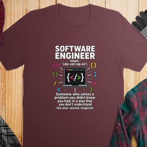 Maroon t-shirt with "Software Engineer" definition and coding graphics.