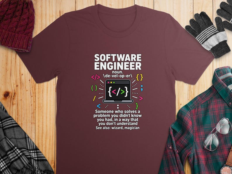 Maroon t-shirt with "Software Engineer" definition and coding graphics.