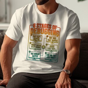 T-shirt graphic: 6 Stages of Debugging with humorous programmer stages.