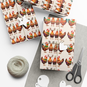 Rotolo di carta da regalo natalizia con simpatico pollo - Rotolo di carta da regalo con animali da fattoria divertenti per le vacanze, idea regalo ecologica, design lucido festoso