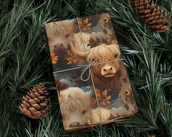 Papel de regalo de vaca de las tierras altas, regalo de Navidad, papel de regalo de Navidad ilustrado, vacas lindas, animales de granja florales para cumpleaños, fiestas para niños, tema boho
