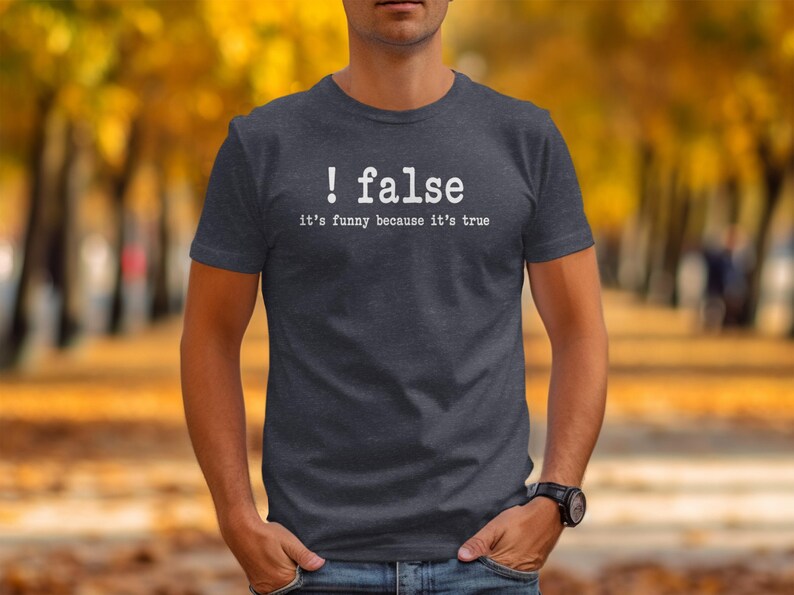Dark grey t-shirt with white text: "! false, it's funny because it's true"
