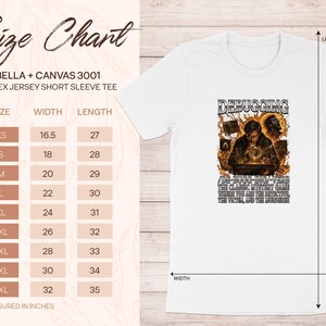 White Bella + Canvas 3001 t-shirt with "Debugging" graphic and size chart.