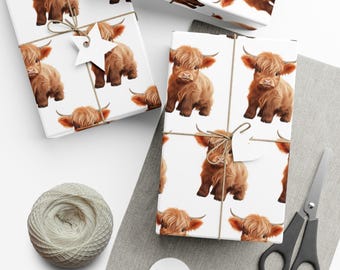 Highland Cow Wrapping Paper Baby Shower Christmas Present Illustrated Xmas Gift Wrap For Kids Cute Cows Birthday Holiday Cool Fun Children