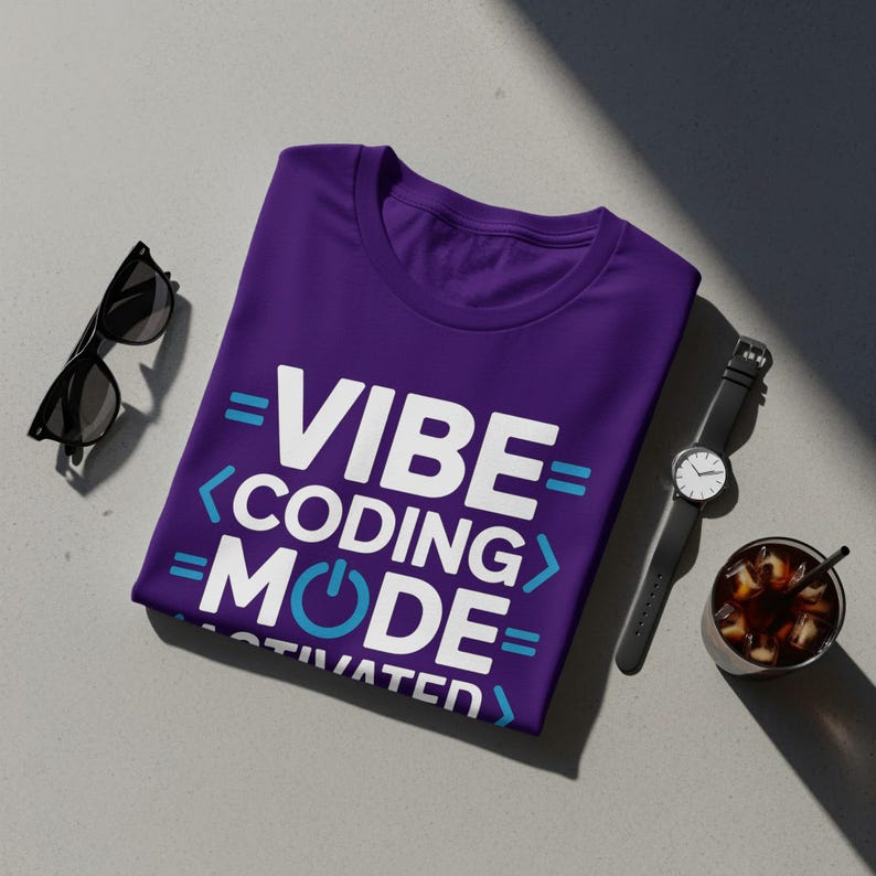 Purple t-shirt with "VIBE CODING MODE ACTIVATED" text and graphic.