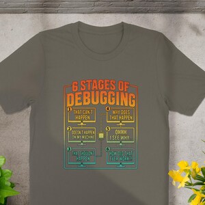 T-shirt with "6 Stages of Debugging" text and humorous computer error messages.