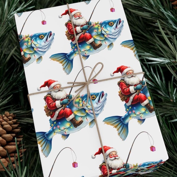 Fish Christmas Wrapping Paper Roll - Funny Fishing Animal Gift Wrap Roll for Holiday, Eco-Friendly Present Idea, Festive Glossy Design