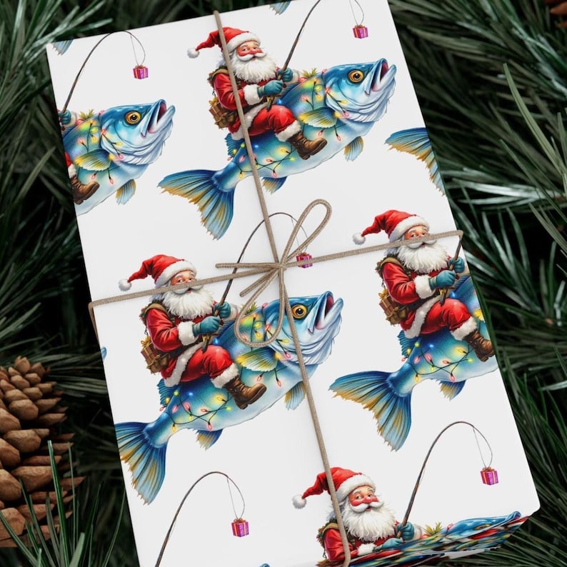 Fish Christmas Wrapping Paper Roll - Funny Fishing Animal Gift Wrap Roll for Holiday, Eco-Friendly Present Idea, Festive Glossy Design image 1