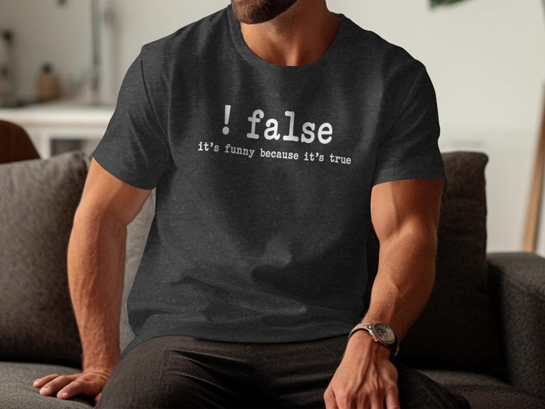 Dark gray t-shirt with white text "! false it's funny because it's true".
