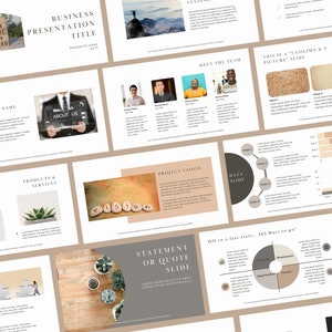 May include: A business presentation template with a light brown background. The slides feature a variety of images, including a person standing on a mountain top, a group of people, and a close-up of a plant. The slides also include text, such as "Think, Decide, Commit, Focus, Succeed", "Business Presentation Title", "About Us", "Products & Services", "Meet the Team", "Project Vision", "Data Slide", "Statement or Quote Slide", and "Off to a Fast Start - 365 Days to Go".