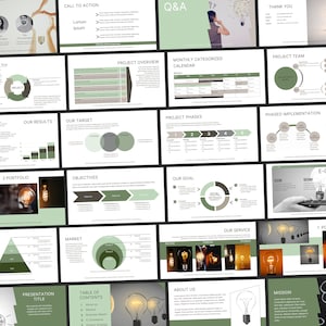 Könnte beinhalten: Ein Präsentations-Slide-Deck mit einem grün-braunen Farbschema. Die Folien zeigen verschiedene Diagramme, Grafiken und Schaubilder, die sich mit Geschäftsplanung, Projektmanagement und E-Commerce befassen. Die Folien enthalten auch Textüberschriften wie "Unser Team", "Call to Action", "Projektübersicht", "Monatlicher kategorisierter Kalender", "Projektteam", "Unsere Ergebnisse", "Unser Ziel", "Projektphasen", "Phasenweise Implementierung", "2 Portfolio", "Ziele", "Unser Ziel", "Markt", "Unser Service", "Präsentationstitel", "Inhaltsverzeichnis", "Über uns", "Mission" und "E-Commerce".