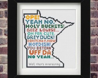 May include: A cross-stitch design of the state of Minnesota with common Minnesota phrases and sayings, including "Ope!", "Yeah No", "Holy Buckets!" and "Uff Da". The design is framed in black.