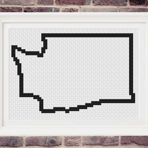 May include: Black and white pixel art outline of the state of Washington.