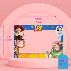 May include: A digital print backdrop featuring characters from Toy Story. The backdrop is blue with stars and the text "Toy Story". Woody, Jessie, Buzz Lightyear, and Forky are featured in the image. The backdrop is 47 inches wide and 31 inches tall.