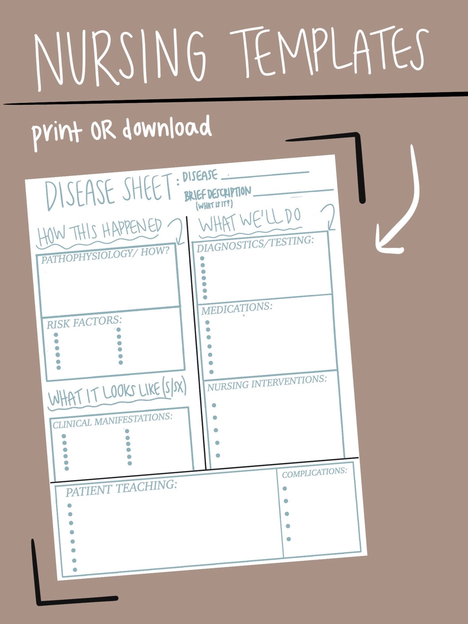 Nursing School Disease Sheet Template Blue Etsy