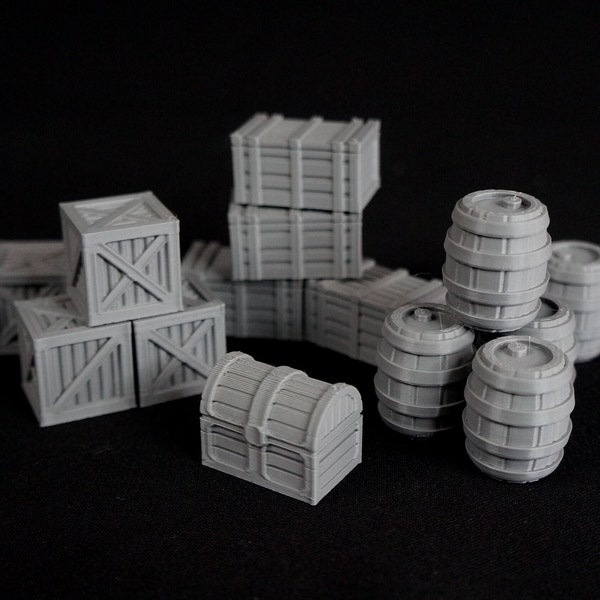 Tabletop terrain, barrel or box set for miniatures, terrain or diorama, wargaming terrain.