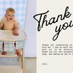 May include: A baby in a high chair with a blue and white gingham skirt that says "ONE". The image includes a thank you card with the words "Thank you!" in a cursive font.