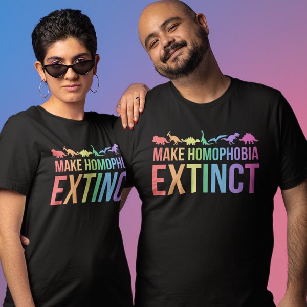 Make Homophobia Extinct Rainbow T-Shirt, Pride Month Shirt, Funny LGBTQ+ Tee, Gay, Lesbian, Trans, Bisexual, Pansexual Ally, LGBT, LGBTQ Tee