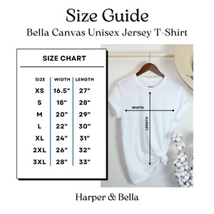May include: Size chart for a Bella Canvas unisex jersey t-shirt. The chart shows the width and length measurements in inches for sizes XS to 3XL.