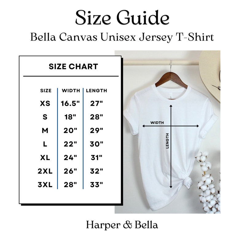 May include: Size chart for a Bella Canvas unisex jersey t-shirt. The chart shows the width and length measurements in inches for sizes XS to 3XL.