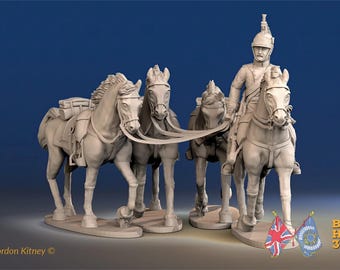 May include: A light beige miniature figurine set featuring a mounted soldier in a helmet riding a horse, accompanied by two additional horses with saddles and packs. The text "Designed By Gordon Kitney" and "BATTLE HONOURS 3D" is visible.